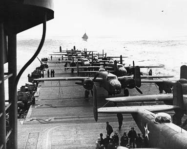 Sixteen B-25Bs crowd the Hornet's Flight Deck